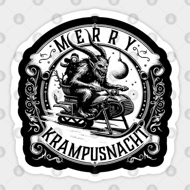 Merry Krampusnacht Krampus on a Snowmobile Sticker by Huhnerdieb Apparel